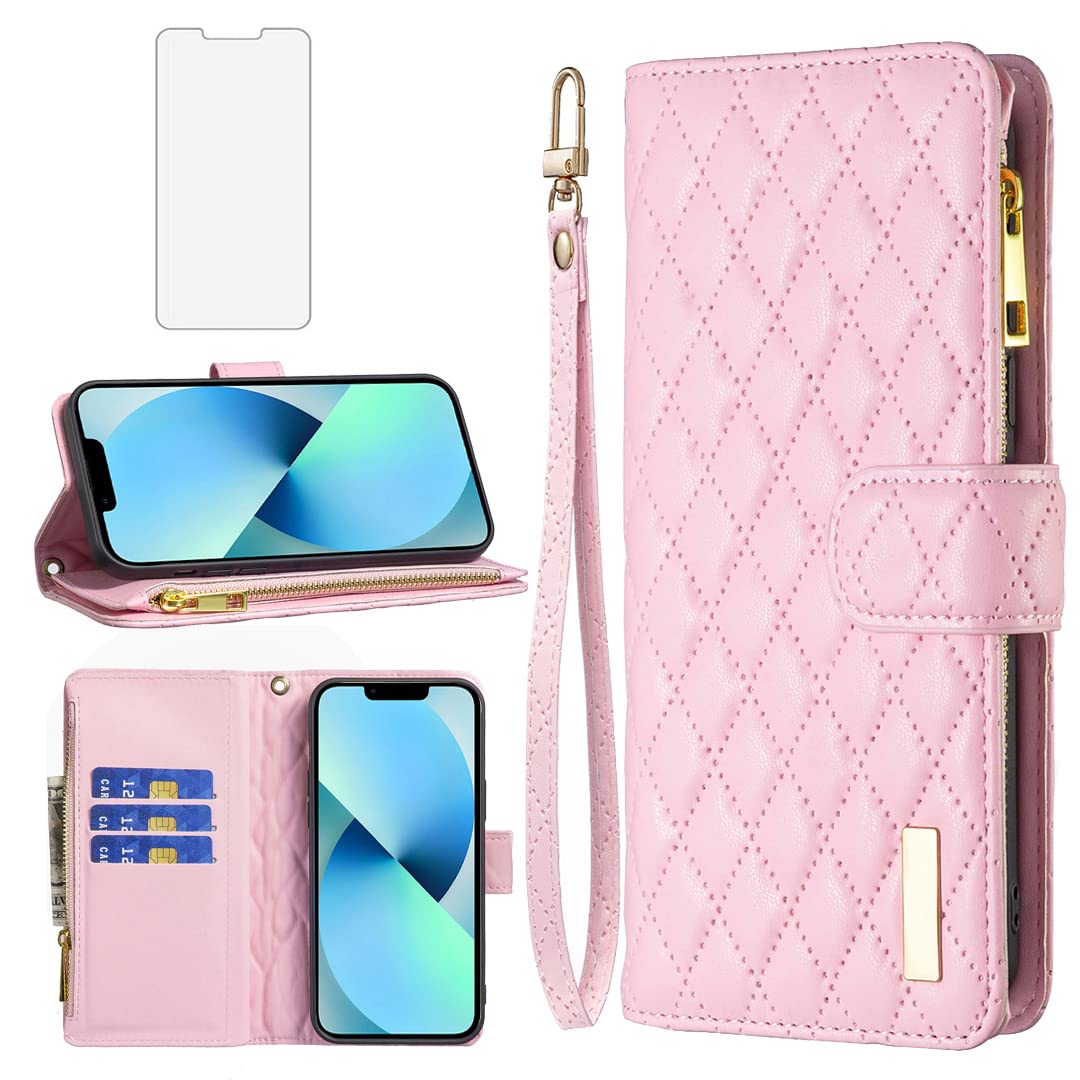 Asuwish Phone Case for iPhone 13 Pro 6.1 inch Wallet Cover with Tempered Glass Screen Protector and Leather Flip Credit Card Holder Cell iPhone13Pro 5G i i-Phone i13 iPhone13 13Pro Women Girls Pink