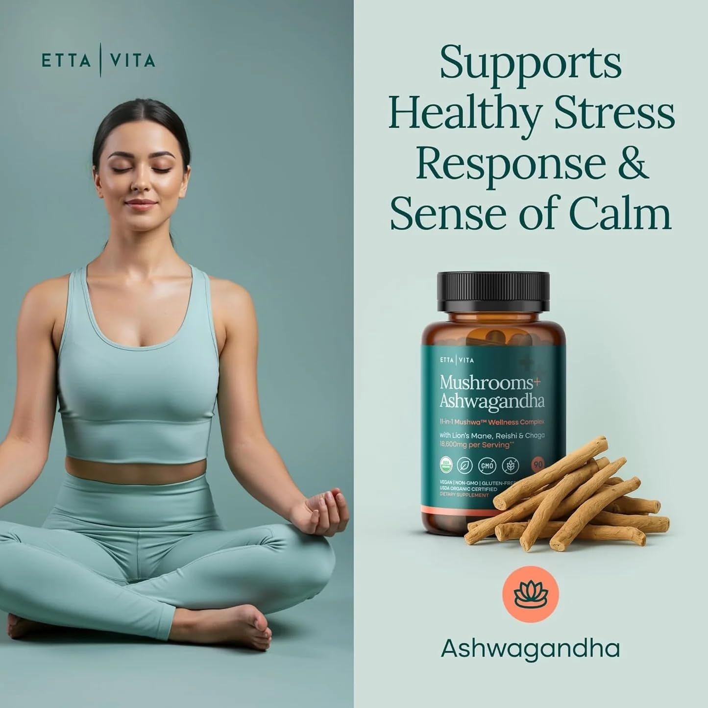 USDA Organic Lions Mane Supplement Capsules with Ashwagandha, Chaga, Reishi, Cordyceps, Turkey Tail (18,600mg/serv) 10x Adaptogenic Mushroom Complex as Focus Supplement - Energy, Immunity & Nootropic