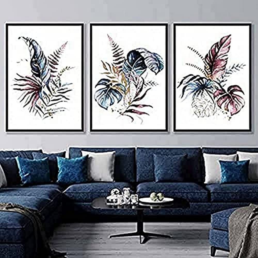 Artze Wall Art Tropical Leaves Wall Art Prints 3-Piece Set, 40 cm Width x 50 cm Height, Pink/Blue
