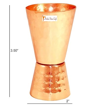 Prisha India Craft Pure Copper Hammered Design Jigger Double Sided Taquila Vodka Shot Peg Measurer, 60 ML and 30 ML