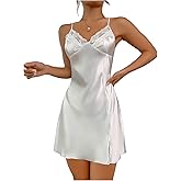 Floerns Women's Contrast Lace Split Hem Nightgown Cami V Neck Mini Sleep Dress