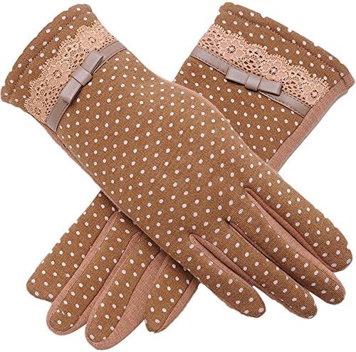 QQsweet Vintage Dot Pattern Winter Gloves Women Touchscreen Warm Lined Stretchy Outdoor Mittens(Khaki)