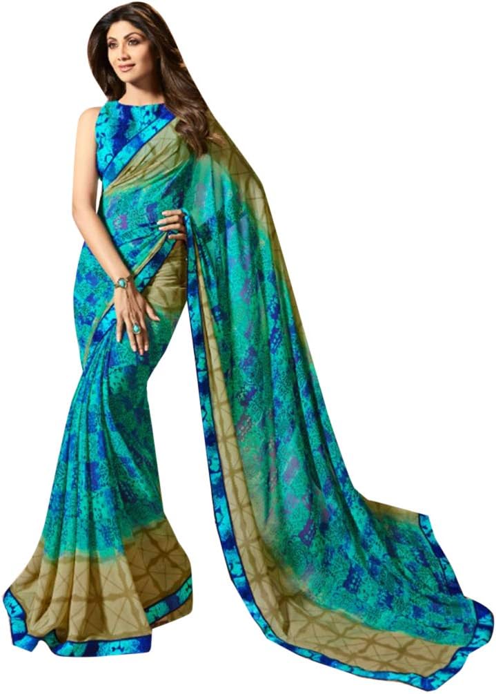 Sky Blue Indian Ethnic Printed Georgette Designer Bollywood Saree Sari Beutiful Border 8151