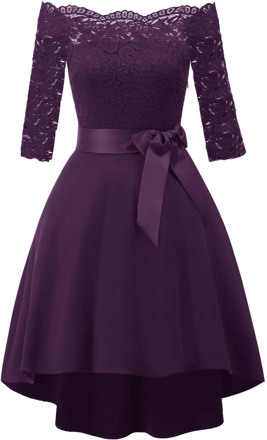 Bright Deer Women Lace Scallop Bardot Dip Hem Vintage Pinup Elegant Evening Party Cocktail Dress