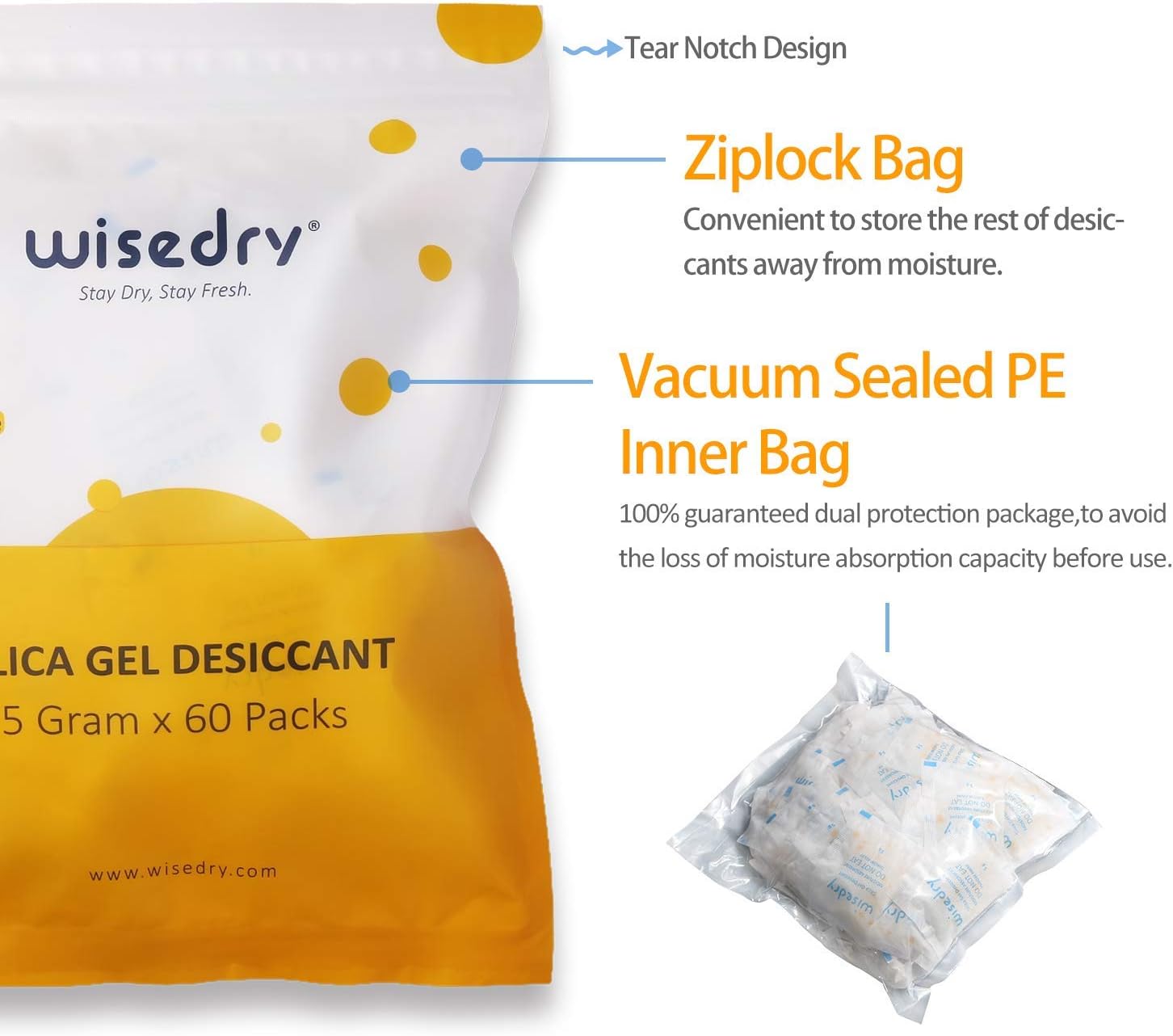 wisedry Silica Gel Sachets Bags 5 Gram x 60 Packs with Orange Beads Humidity Indicator Moisture Absorber for Air Dryer Moisture Removal Food Grade - Image 4