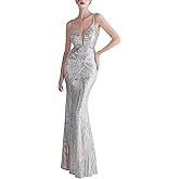MTVOPN Women's Spaghetti V-Neck Sequins Sleeveless Mermaid Evening Dress