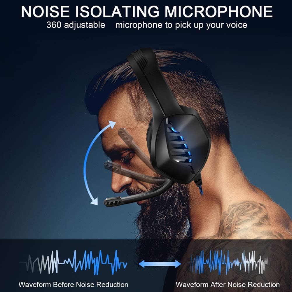 YJY J1 Gaming Headset for PS4,PC, Xbox One Controller,Noise Cancelling Over Ear Headphones with Mic, LED Light, Bass Surround, Soft Memory Earmuffs for Laptop Mac Nintendo Switch Games,Blue: Home Audio & Theater
