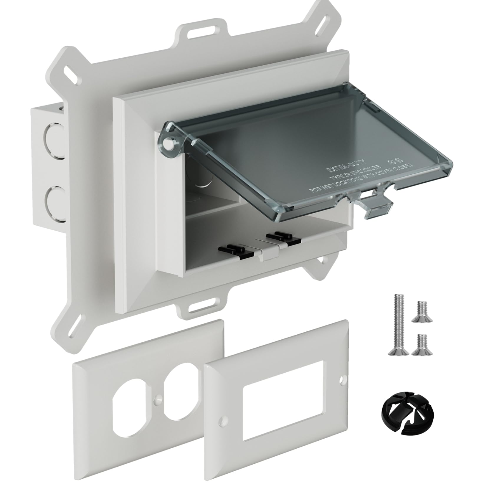 Photo 1 of Recessed Outlet Box, DBHS1C-1 Low Profile Electrical Outlet Boxes, Wall Plate Kit for New Vinyl Siding, Enclosed Weatherproof Pack with Duplex & Decorator Style Covers, 1-Gang, Horizontal, Clear
