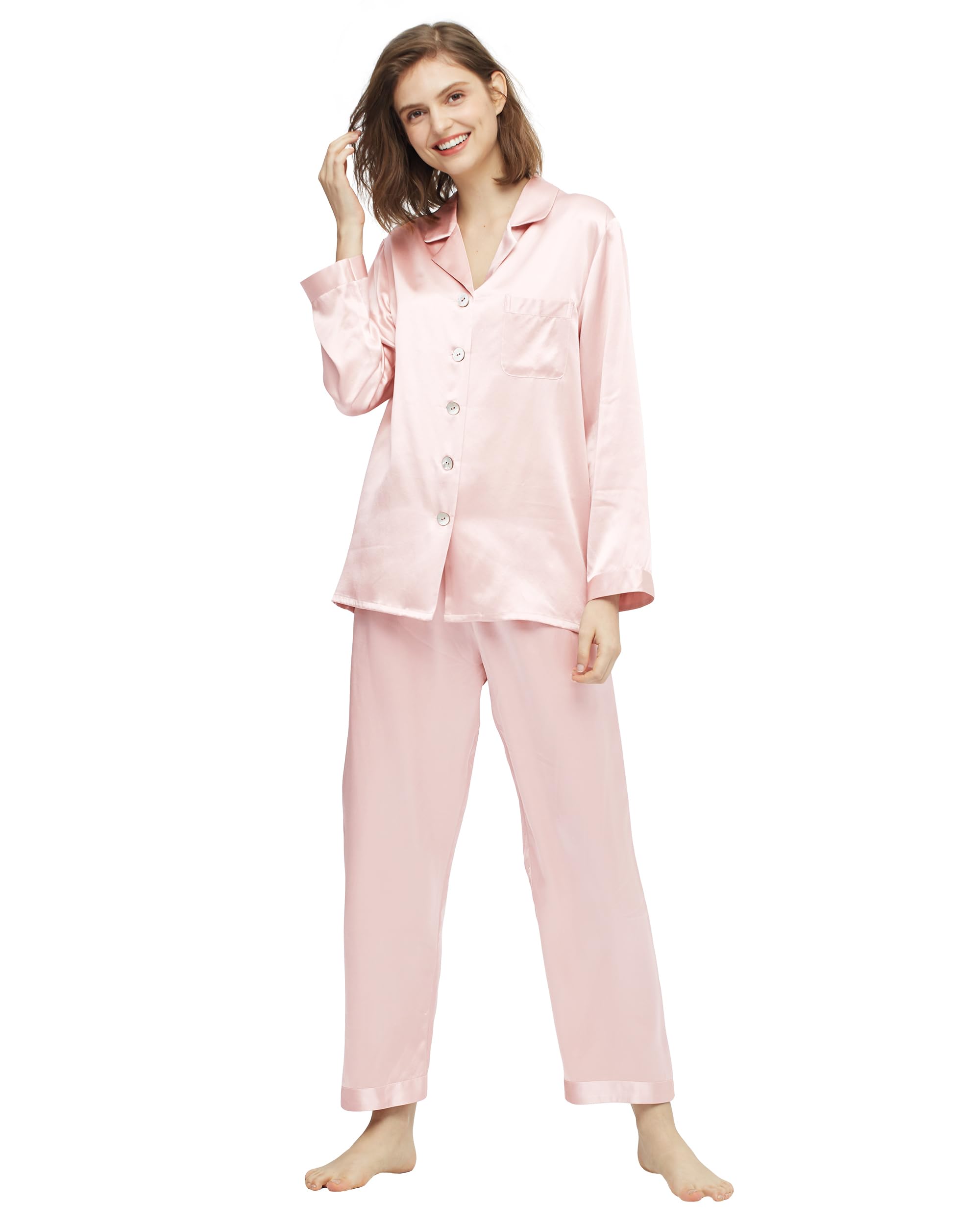 Photo 1 of LilySilk Silk Pajamas for Women Button Up Pajamas Set for Ladies Girls Soft Maternity Pajamas Birthday Bridal Party Gift for Christmas Anniversary Valentine's day, Light Pink XS
