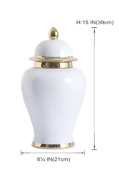 GALOURO WHITE GINGER JAR WITH GOLD TRIM, GINGER JAR VASE DECOR FOR CENTERPIECE, TABLE DECORATIONS, LIVING ROOM, SHELF, 15INCHES