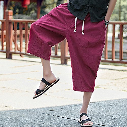 LISTHA Loose Baggy Harem Pants Men's Casual Sports Calf-Length Linen Trousers Wine Red