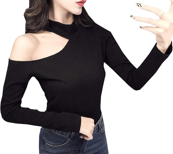 Amazon ココアンドユカ オフショルダー トップス ロング T シャツ カジュアル ワンショルダー 肩だし レディース 服 セクシー 長袖 ブラック L Tシャツ カットソー 通販