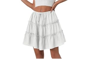 Women's Pleated Mini Skirt High Waisted Drawstring Tiered Ruffle Tennis Skirts Sports Skater Running Skorts with Shorts
