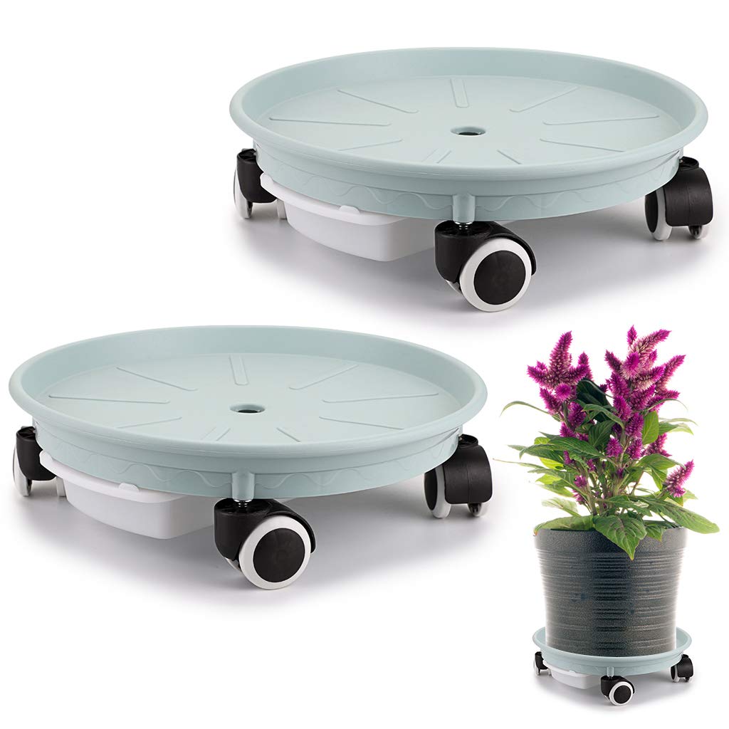 Skelang 2 Packs Plant Caddy 34cm, Plant Pallet with Water Container for Flower Pots Load Capacity 60kg, Nordic Blue