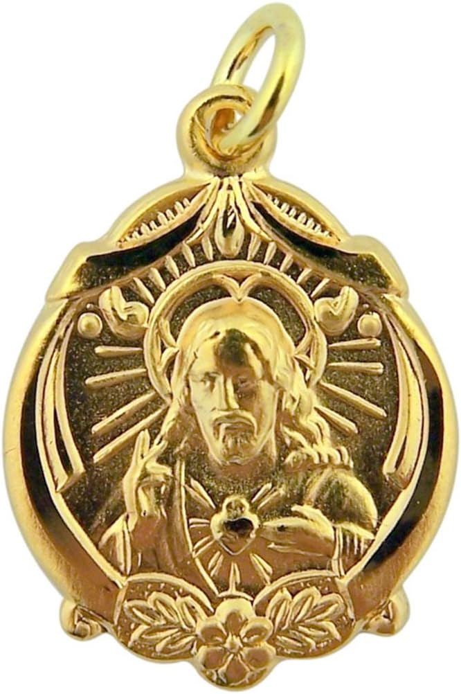 14K Gold Plate Overlay Sterling Silver Floral Sacred Heart Scapular Medal, 13/16 Inch