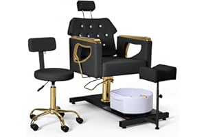 IJIALIFE Pedicure Chair with Foot Spa & Stool, Nail Tech Pedicure Station Set with Adjustable Pedicure Stand, Bubble Massage Basin, Nail Salon Manicure Chair for Spa Salon Home (Black & Gold)