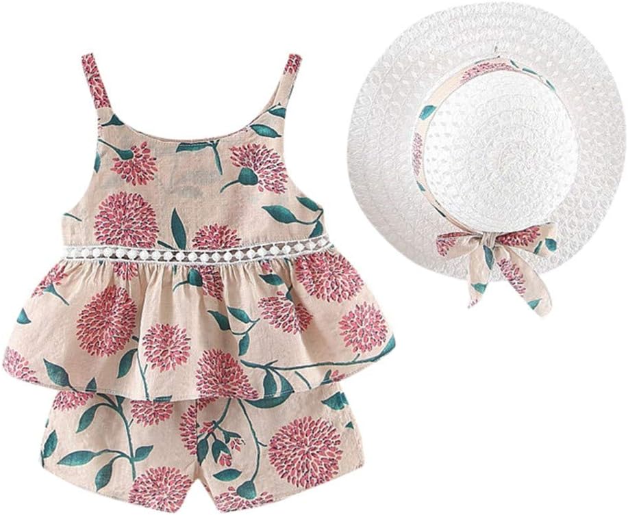 wuayi Baby Girls Clothes, Girls Floral Fruit Print Strap Shirt Dress T-Shirt Tops + Shorts +Hat Outfits 6 Months - 4 Years