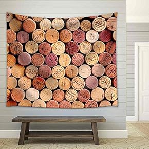 Closeup of a Wall of Used Wine Corks. a Random Selection of Use Wine Corks, Some with Vintage Years - Fabric Wall Tapestry Home Decor - 51x60 inches