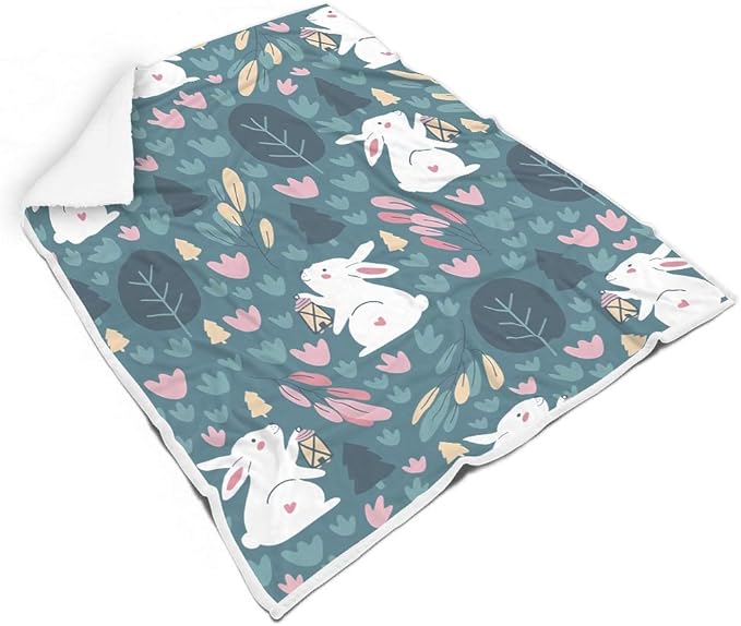 Easter Rabbit Flower Blanket Throw Super Soft Warm Sherpa