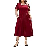 IN'VOLAND Women Plus Size Short Sleeve Dress Loose Summer Casual A-Line Flowy Midi Dresses with Pockets