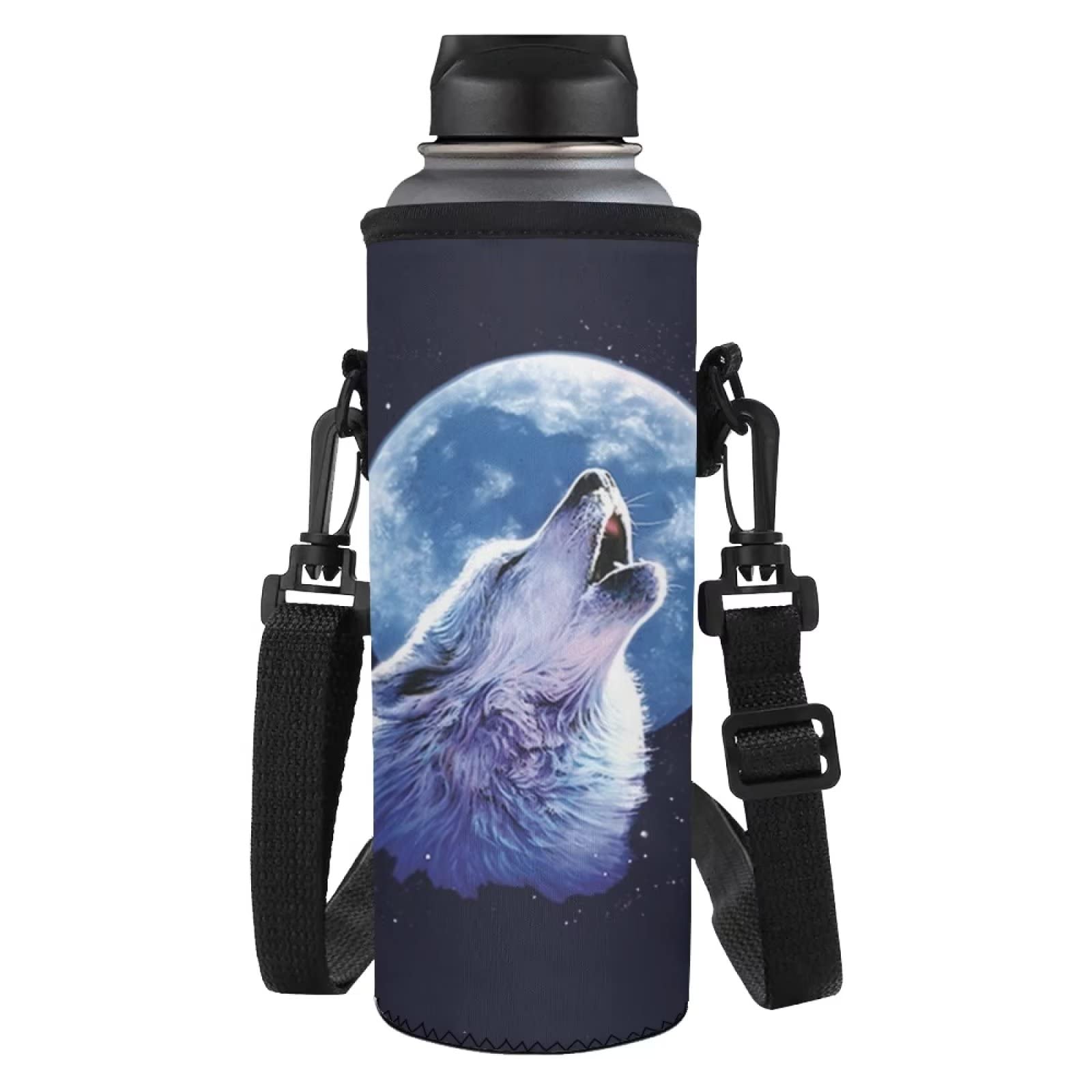 NETILGEN Wolf Bottle Sleeve Pouch for Boys Neoprene Pouch Water Bottle Holder Bag for Walking Cycling Gym Kids School Bottle Carrier Bag Moon Wolf Blue