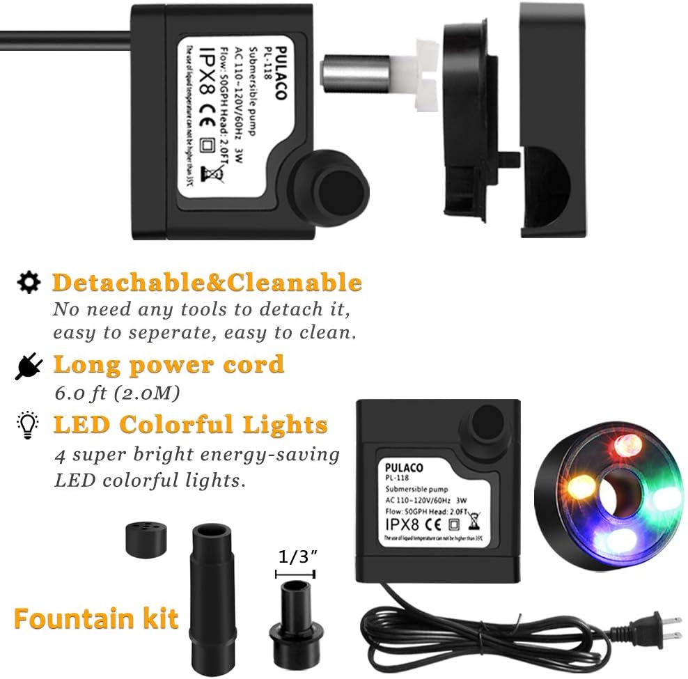 PULACO Mini Fountain Pump with LED Light (50GPH 3W ) for Water Features, Fish Pond, Outdoor Fountain, Aquariums, Indoor Fountain, Home Décor Fountain: Home Improvement