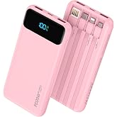 Nusyddy Portable Charger 10000mAh with 4 Built-in Cables & 6 Outputs Pink | PD20W Fast Charging, Slim & Compact, LED Display,