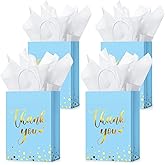 Tinlade 30 Pcs Thank You Gift Bags with Tissue Paper Gold Thank You Wedding Bags with Handle for Graduation Business Shopping Wedding Shower Party Favors(Light Blue)
