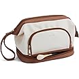 Telena Makeup Bag Large Capacity Travel Cosmetic Bags Double Layer Portable Leather Make Up Bag for Women Beige with Brown