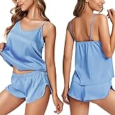 Ekouaer Silk Pajamas for Women Satin Cami Pjs Set V Neck Camisole Shorts Set Adjustable Strap Sleepwear