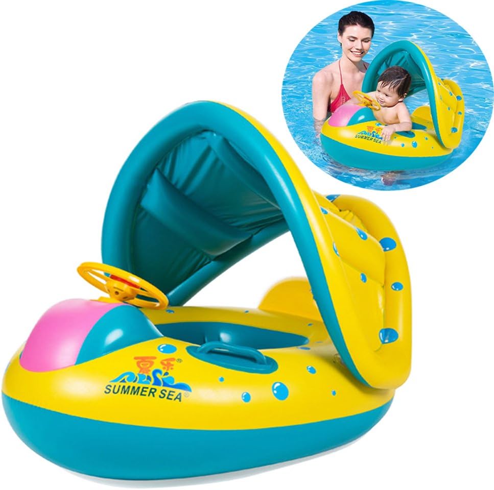 Baby Swimming Ring,Encoykid Inflatable Baby Float Sunshade Swimming Boat Pool Seat with Sun Canopy for Kids Age 1-3 Years