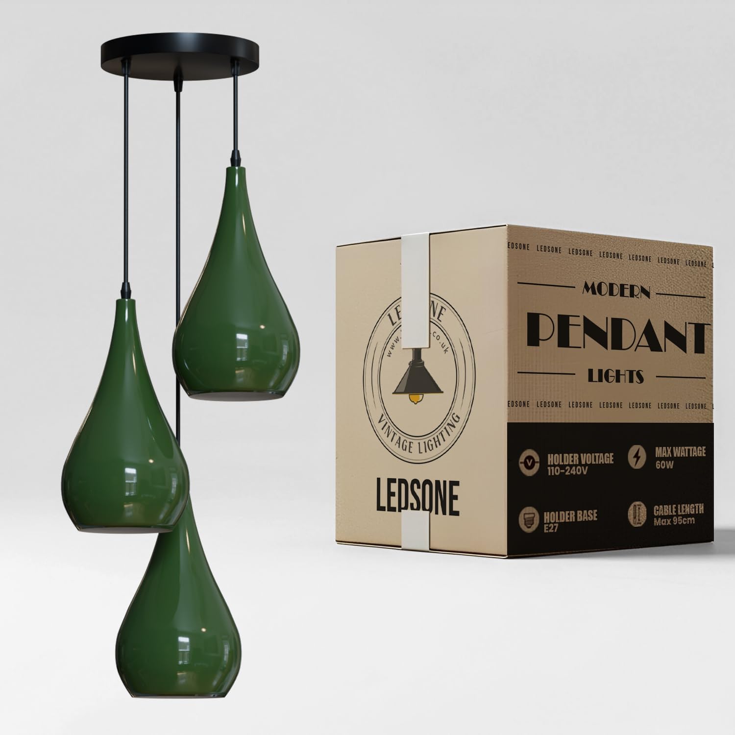 LEDSone 3 Head Ceiling Pendant Light, Modern Green Metal Tear Drop Ceiling Hanging Pendant Light Shade Cluster Light Fitting Fixture E27 Lighting for Living Room, Bedroom, Dining Room, Hallways