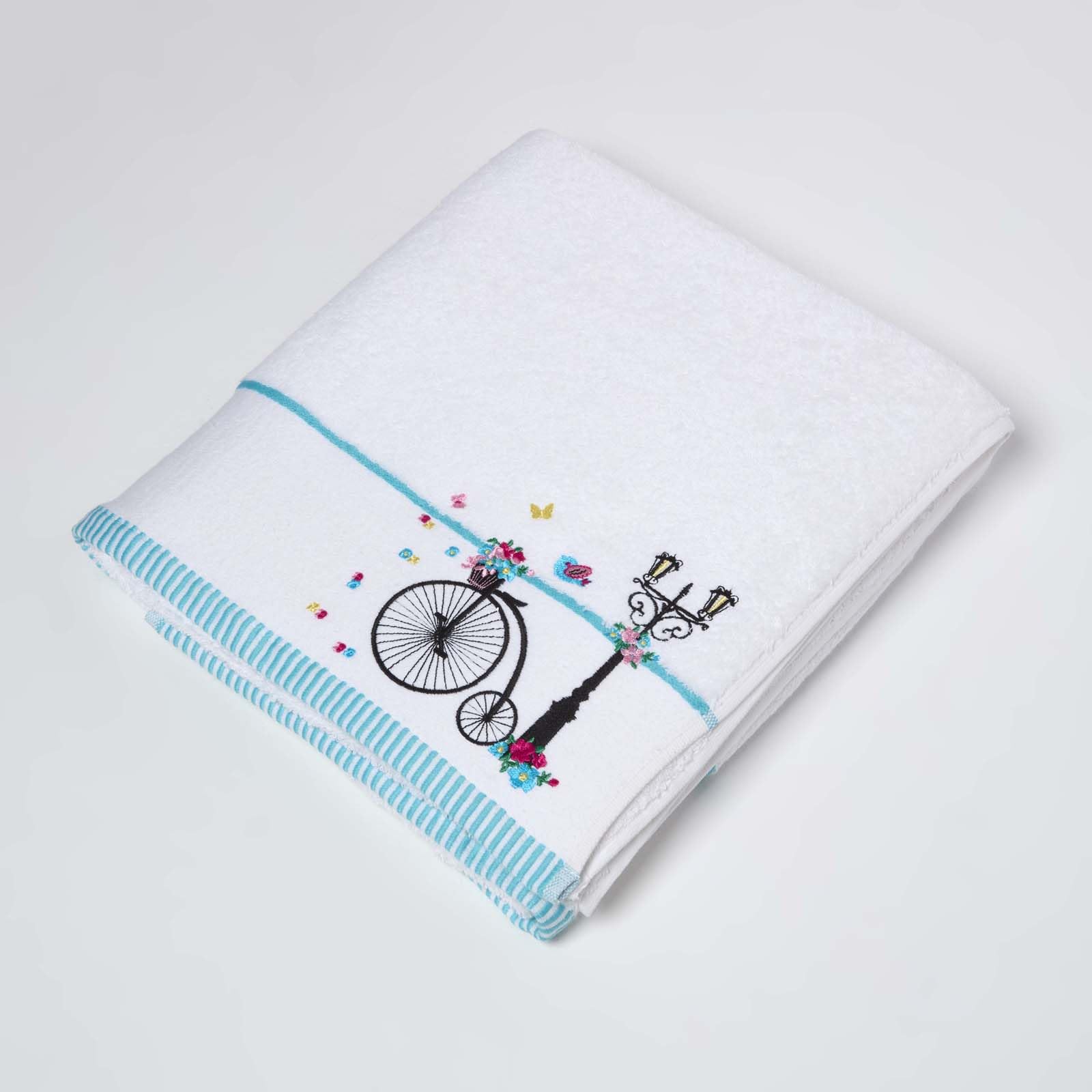 HOMESCAPES 100% Turkish Cotton 'Vintage Bike' White Bath Sheet Black Silhouette Bike and Flowers