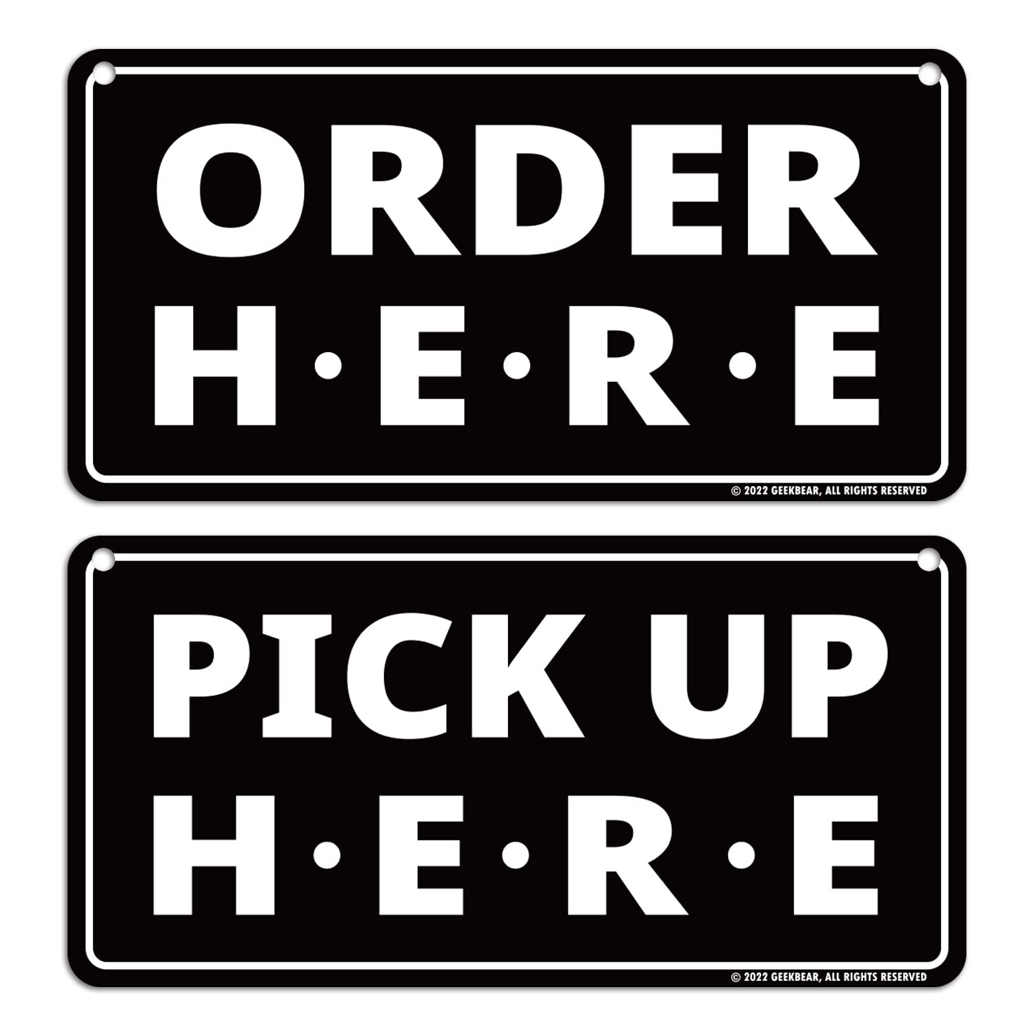 GEEKBEAR Order Here and Pick Up Here Signs (Black) - Premium Order Here Pick Up Here Signs with Special Hanging Hooks Attachable to Ceiling - 12" X 6" - 2 Pack