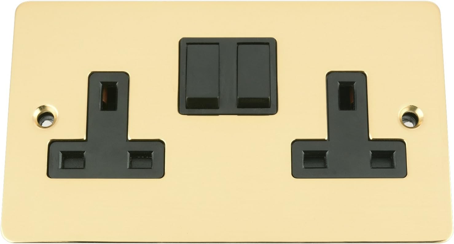 Socket 2 Gang Polished Brass Flat Black Insert Plastic Switch 13A 