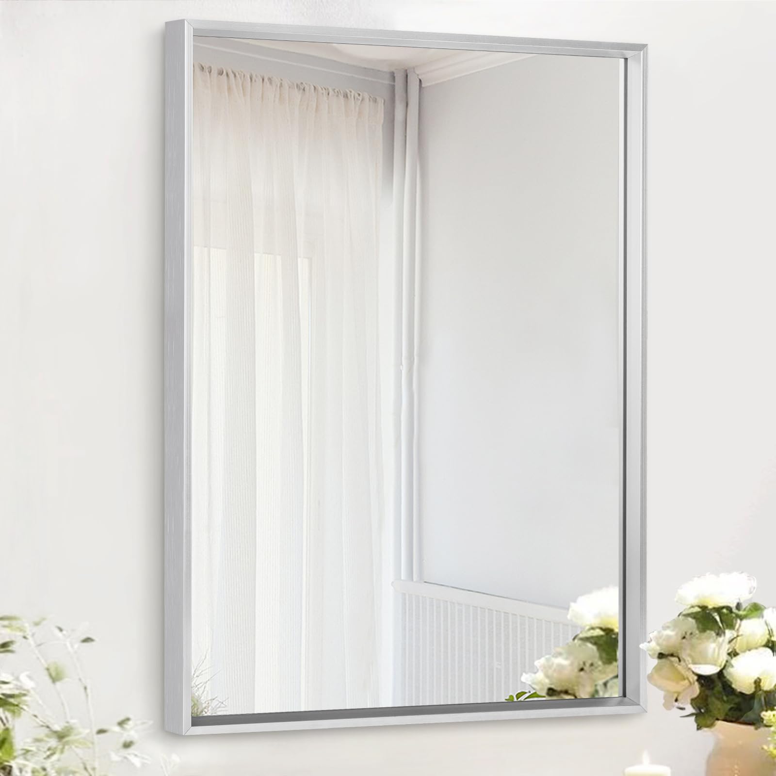 AAZZKANG Metal Frame Mirror Rectangle Wall Mounted Mirror Decorative Modern Bedroom Bathroom Vanity Mirror Vertical or Horizontal Silver