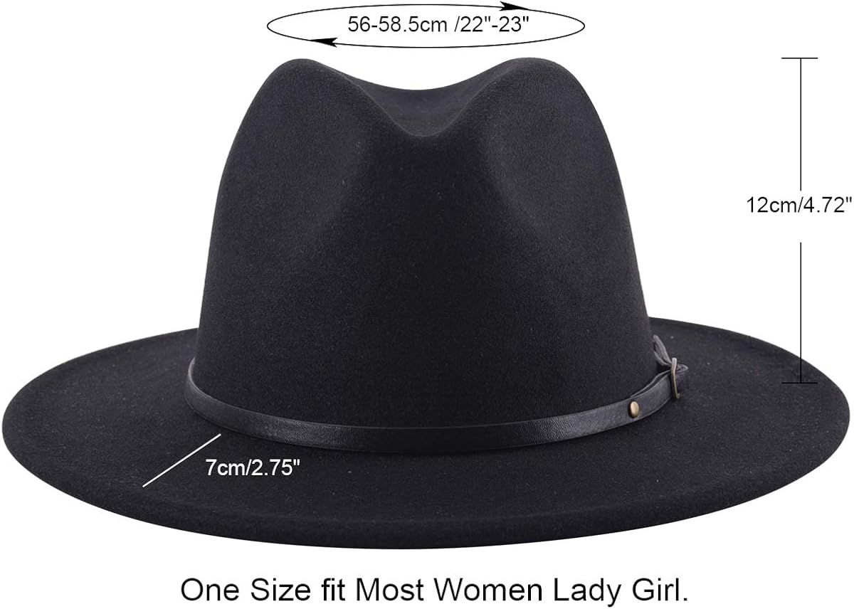 Lanzom Womens Classic Wide Brim Floppy Panama Hat Belt Buckle Wool Fedora Hat (One Size, Black) at  Women’s Clothing store