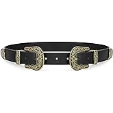 WHIPPY Vintage Western Leather Belt for Women Double Buckle Retro Cowgirl Waist Belts for Jeans Pants Dresses