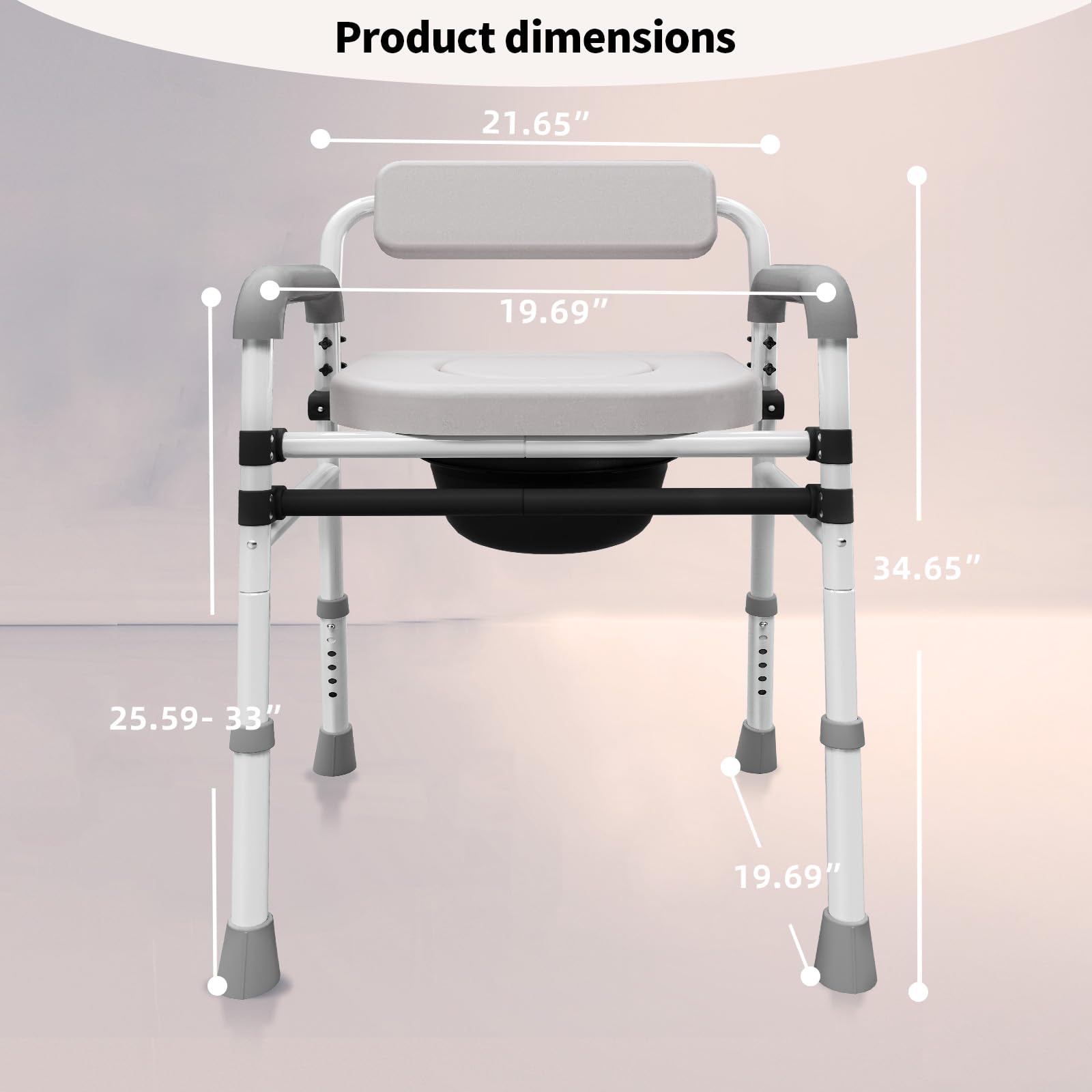 Adjustable Medical Bedside Commode Chair with Padded Backrest, Drop Arm Support, Height Adjustable, Gray