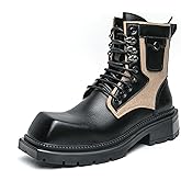 QKLMWES Mens Leather Lace-Up Chunky Platform Heels Chukka Ankle Boots Casual Non-Slip Square Toe Dress Combat Boot for Walking Formal Business