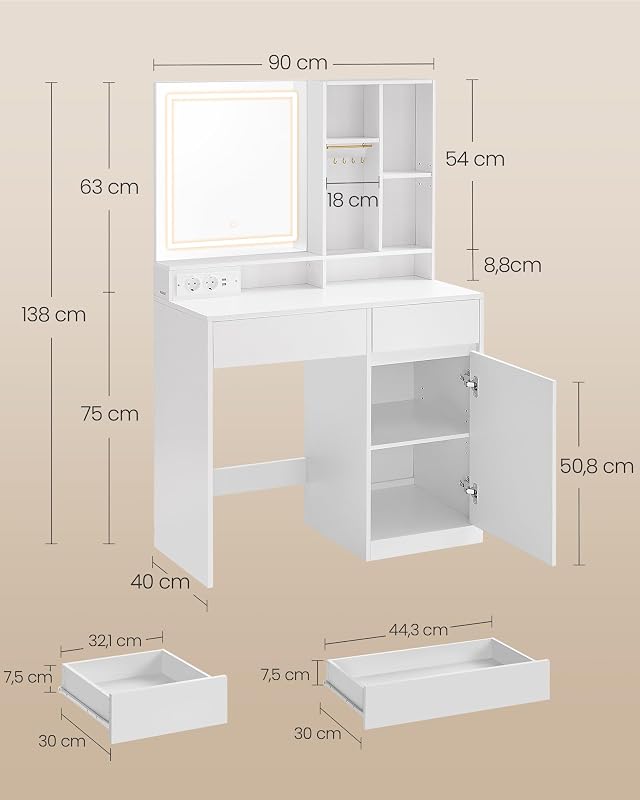 Kailyn Collection - Coiffeuse avec Miroir LED, Éclairage 3 Couleurs Réglable, Table de Maquillage, Largeur 90 cm, Tiroir, Multiprise, Rangement, Chambre, Style Moderne, Blanc Nuage RDT134WB01