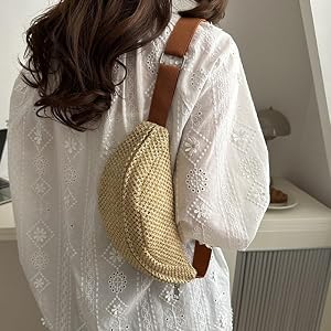 Woven Crossbody Straw Small Bag Boho Fanny Pack Chest Pouch Bum Purse for Women Summer Beach Travel Vacation Essentials Hands