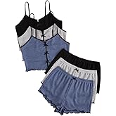 SOLY HUX Women's 3 Sets Pajamas Lounge Sets Cute Bow Front Crop Cami Tops and Shorts PJs Sleepwear