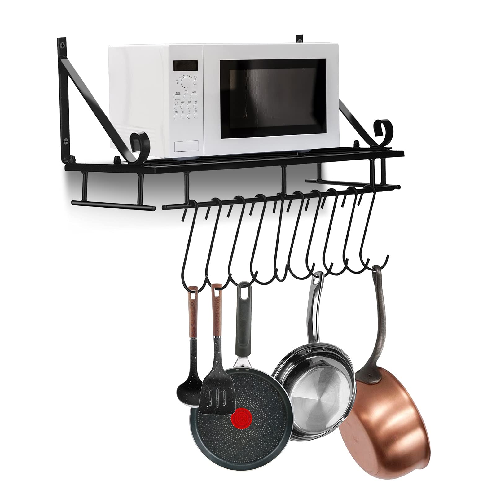 Ejoyous Wall Mount Pot Pan Rack, 45CM Saucepan Hanging Rack Multifunctional Utensils Holder Shelf Metal Cookware Organiser with 10 Hooks, Black