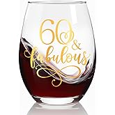 Ymzkpoa Novelty Golden 60th Birthday Gifts for Women,Mom,Wife,Friends,Sister,60 and Fabulous Stemless Wine Glass,Happy Birthday Party Favor Supplies,60 Year Old Gift from Daughter Son