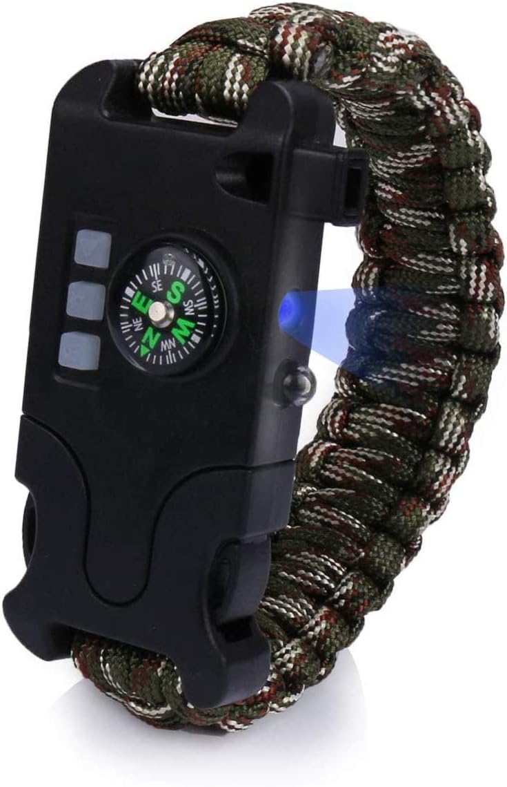 OUTFANDIA Emergency Paracord Bracelet, 8-in-1 Survival Cord w/SOS LED Light, Tactical Wristband, w/UV Detector, Loud Whistle, Compass, Red Laser, Sim Car Pin, Reflector for Camping & Hiking