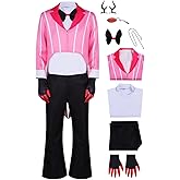 Howenlthy Mens Demon Costume Red Suit Hell Hotel Halloween Cosplay Outfit Gothic Tailcoat Gloves Anchor Uniform Full Set