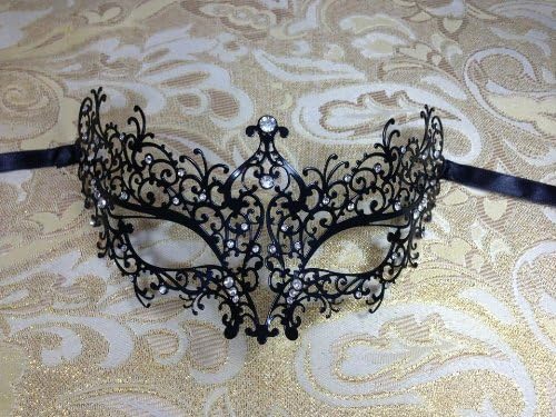 Mysterious Black Laser Cut Venetian Fox Impression Masquerade Mask for Mardi Gras Or Halloween - Decorated with Sparkling Gem Crystals