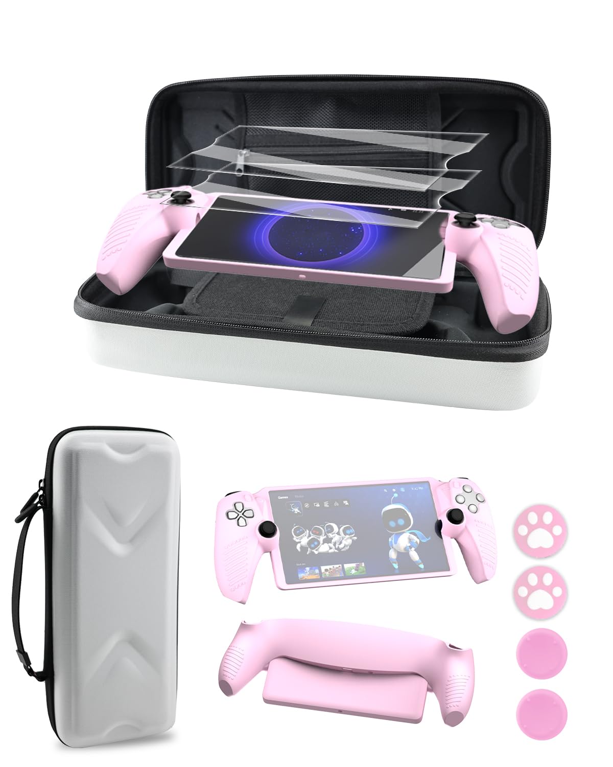 HolyFort 14 in 1 Accessories Set for PlayStation Portal Remote Player, Hard Carrying Case for PS Portal, Silicone Protective Cover, 2 Screen Protectors, 4 Thumb Grips for PS5 Portal, White & Pink