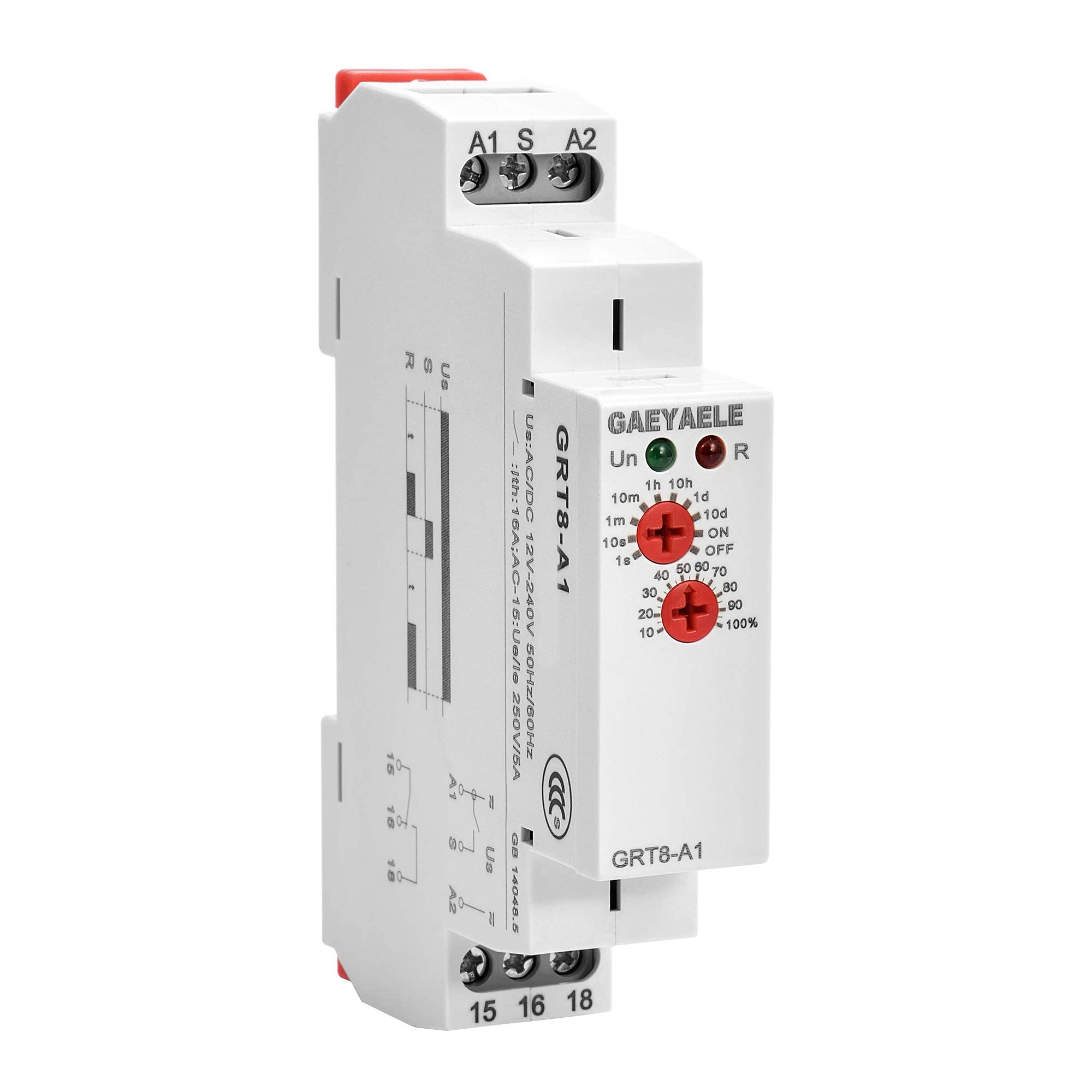 GAEYAELE Delay on Time Relay Electronic 16A 1SPDT Adjustable Timer Delay Relay Din Rail Modular with CE CB Certificate(GRT8-A1,AC/DC12V-240V)